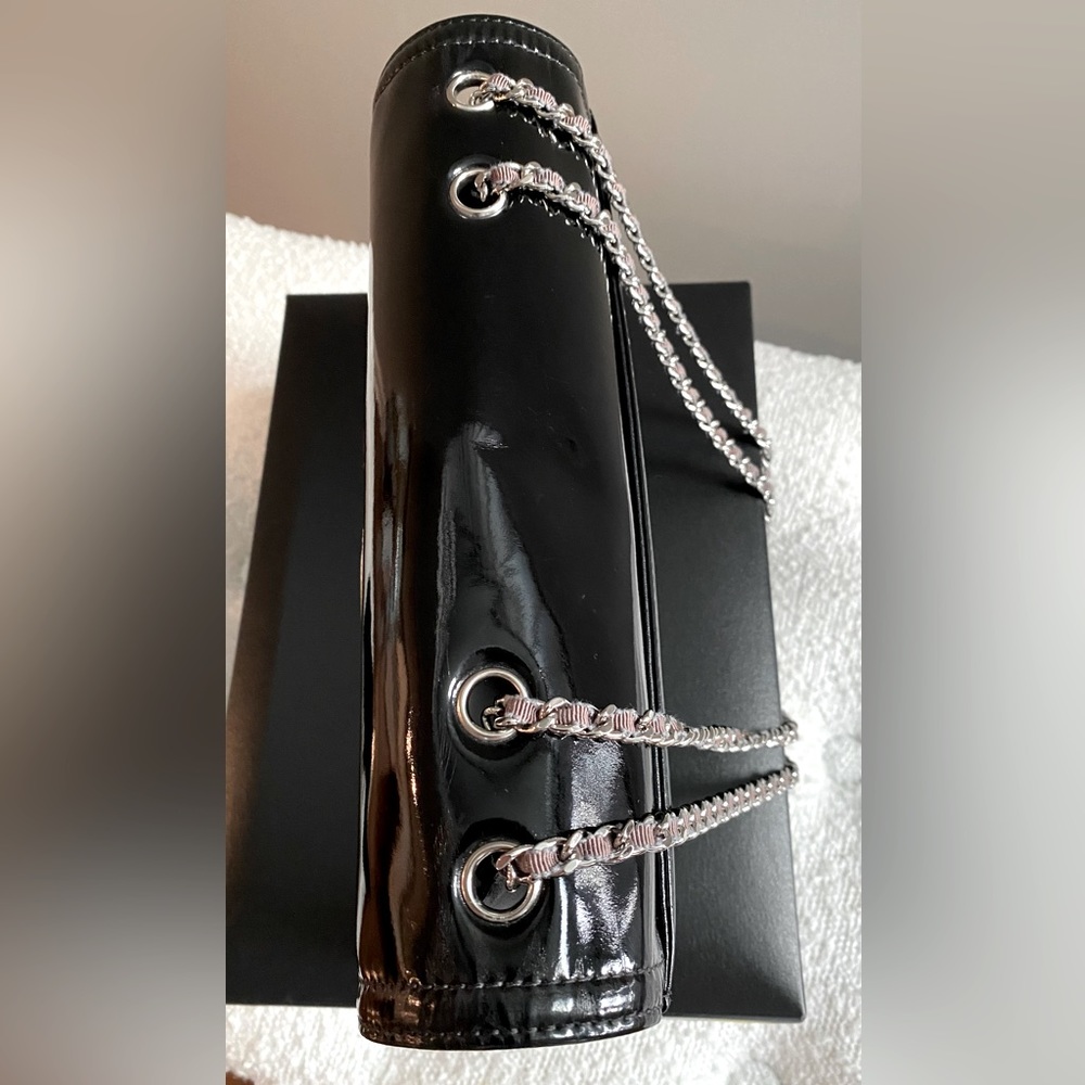 CHANEL Black Patent Leather Crossbody with Beige and Tan CC Patch - Picture 9 of 14